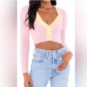 For Love And Lemons Sheila Cropped Cardigan, Pink/Yellow, 1X, Will Fit M-L